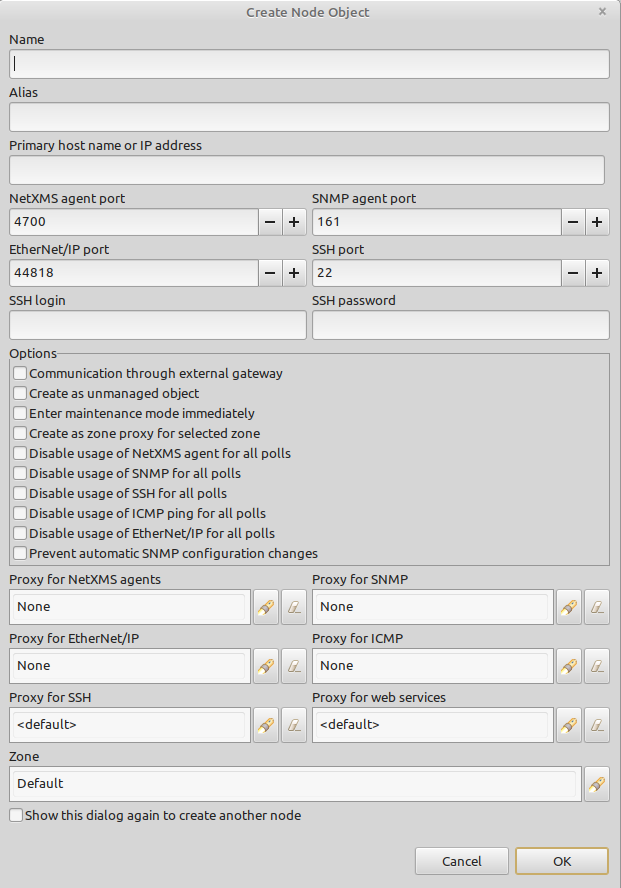 Create Node dialog